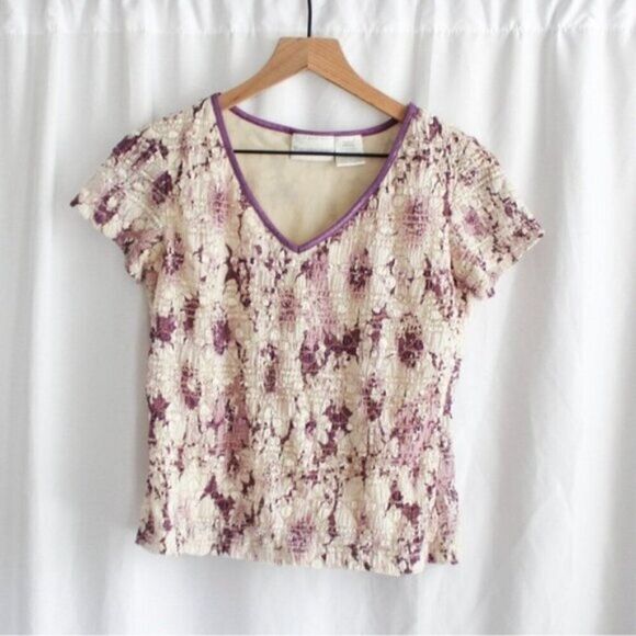 Vintage Tops - Vintage Textured V-Neck Purple and White Lace Short Sleeve Blouse Medium